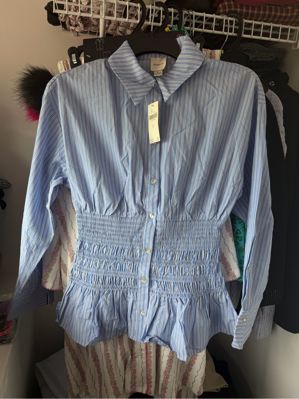 Maeve by Anthropologie Smocked Waist Blue Stripe Shirt womens size small NWT
